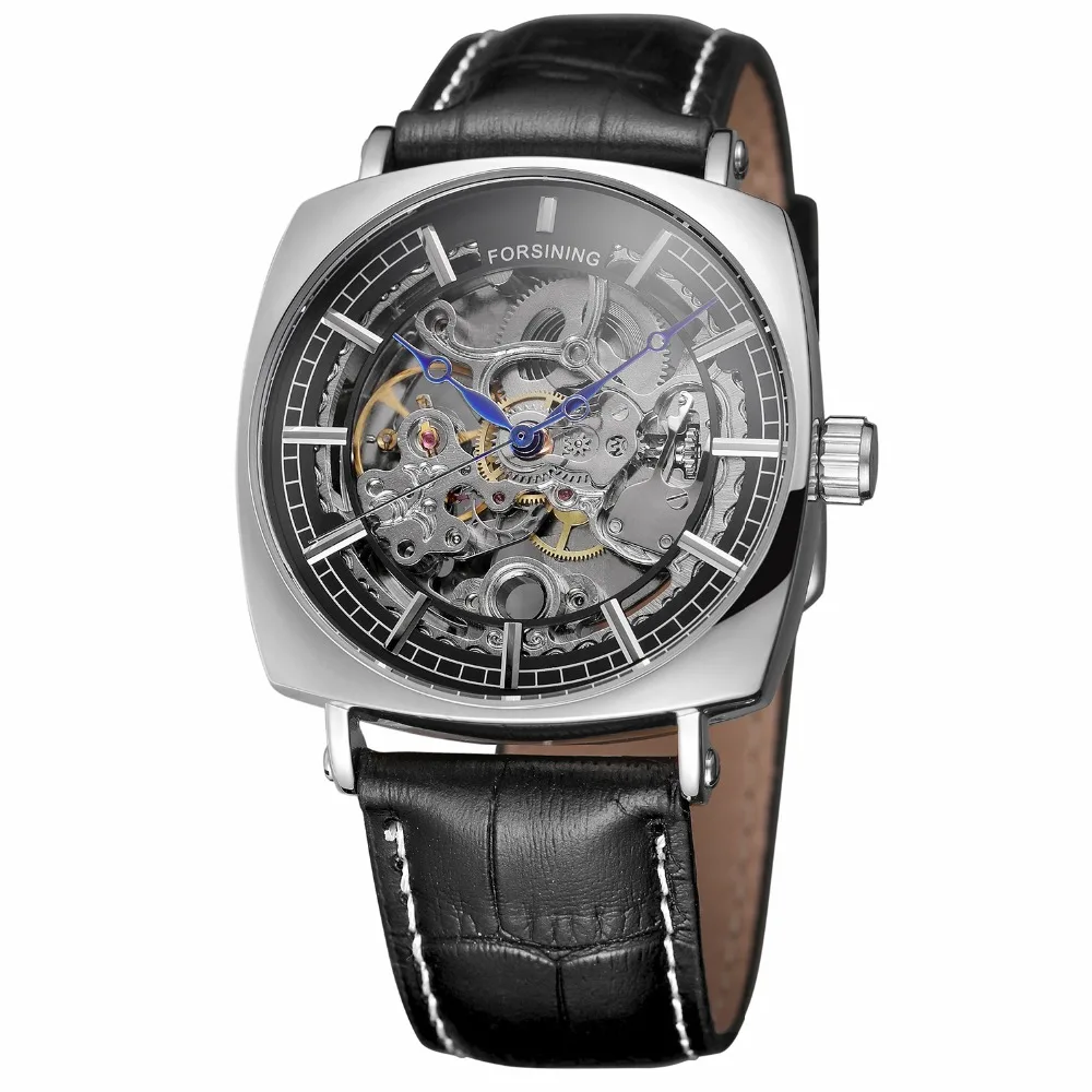 

New Fashion Silver Case Skeleton Square Dial Black Leather Belt Men Mechanical Automatic Self Wind Watches Waterproof Male Clock