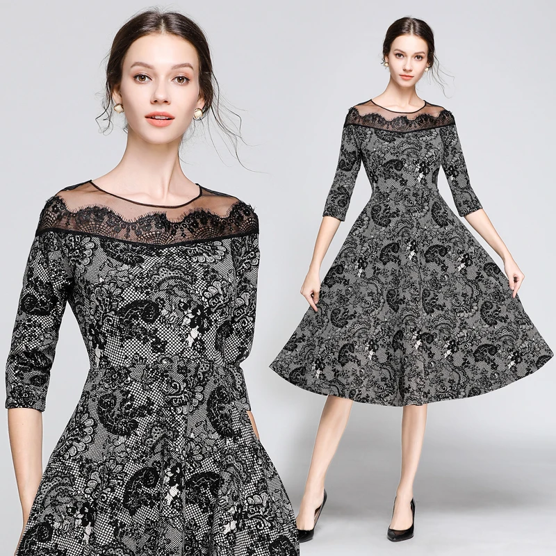 

Women Sweet Princess Dress Spring Summer Vintage Half Sleeve Retro Print Black Lace Patchwork Dress Mesh
