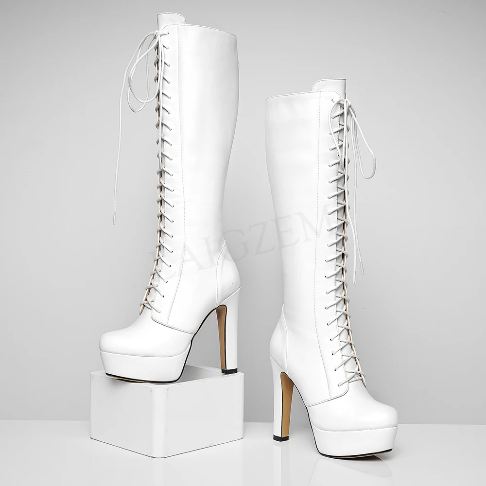 

LAIGZEM FASHION Real Leather Knee High Boots Wide Calf Lace Up Zip Thick High Heels Platform Boots Botines Mujer Big Size 34-43