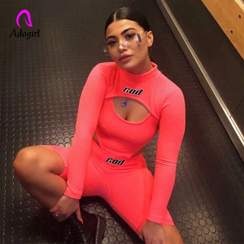 

Adogirl Letter Embroidery Minimalist Orange Two Piece Set Rib-Knit Cotton Long Sleeve Stretch Bodysuit Elastic Biker Shorts Set