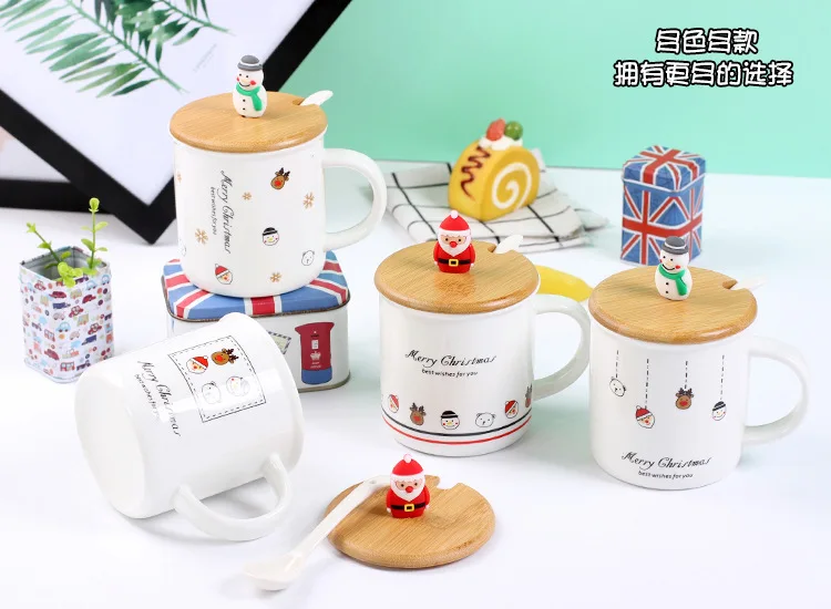 Мультяшная Рождественская керамическая кофейная кружка с ложкой и 3D крышкой фарфоровые чашки и кружки Посуда для напитков