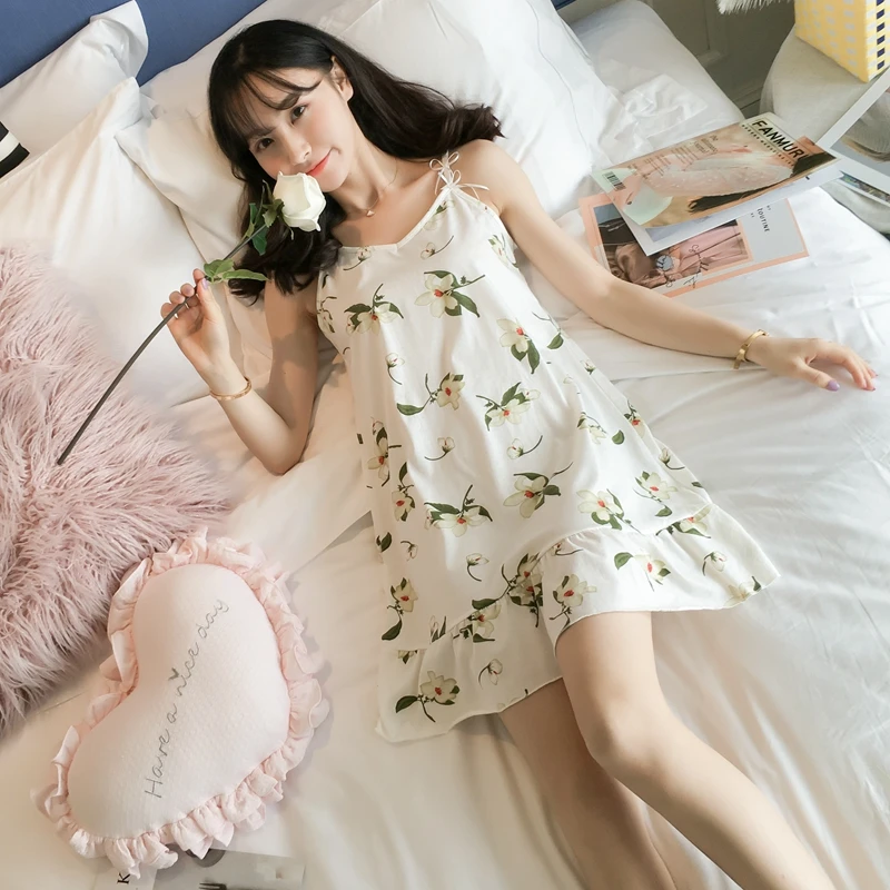 

JRMISSLI Nightgowns Sleeveless Floral Printed Women Sleepwear Summer Cotton Leisure Breathable Womens Nightdress Lovely