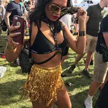 Богемный пляж Бальные Сцене Клуба вечерние Sexy кисточкой Блеск полые Перспектива Мини Разделение юбка галстук талии плюс Размеры