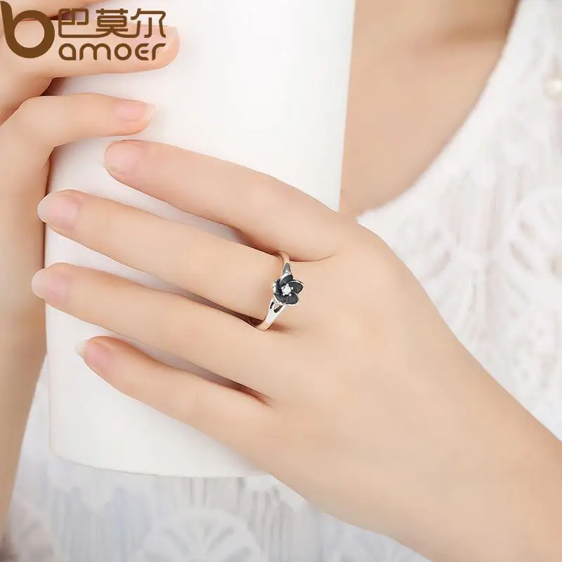 BAMOER New Collection Authentic Mystic Floral Flower Stackable Ring CZ & Black Enamel 925 Sterling Silver Jewelry PA7154