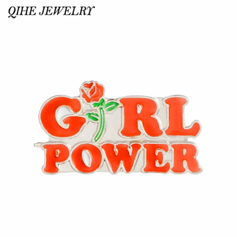 

QIHE JEWELRY Rose Flower Red Girl Power pin Feminist brooch grl pwr Feminism Badge Lapel pins Brooches for women