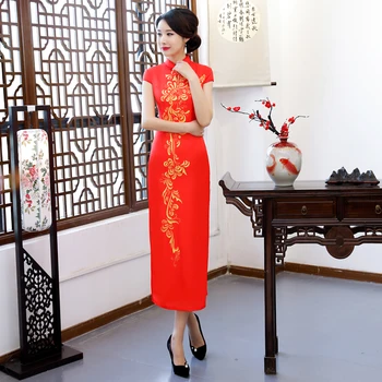 

Shanghai Story New Arrival Red Women's Long Cheongsam Traditional Chinese Cheongsam Chinese Style Rayon Dress Elegant Slim Qipao