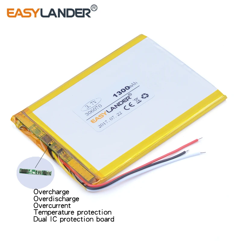 

3-wire 306070 3.7V 1300mAh Rechargeable li Polymer Battery For PSP GPS DVR E-Book Tablet PC Power Bank Wexler Book E6005