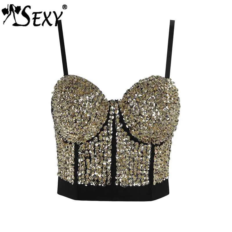 

Gosexy 2019 New Sexy Bra Skinny Spaghetti Straps Cropped Top Sequined Sparkling Fahshion Women Party Night Out