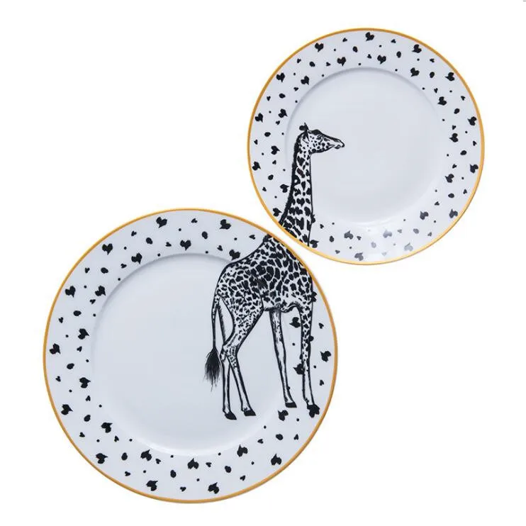 Комплект из 2 предметов, 6 и 8 дюймов животных дизайн круглый цвета слоновой кости тарелка Посуда Набор из 2-х керамических с суповую тарелку, производство Китай, зеброй и жирафом; кенгуру Антилопа - Цвет: Giraffe