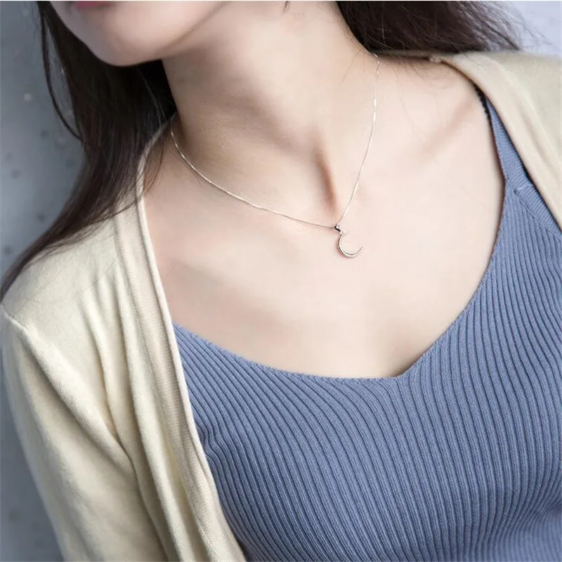Korean Style Sweet Moon 925 Sterling Silver Jewelry Temperament Crescent Clavicle Chain Pendant Necklaces XL031 silver necklace charms pendant necklace silver necklace silver pendant