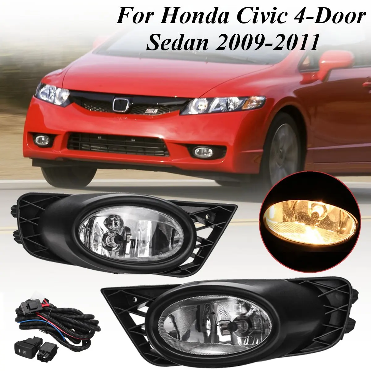 

for Civic 4Door Sedan 2009 2010 2011 55WDC 12V 1 Pair H11 Bumper Grille Driving Led Fog Lights w/ Harness Replacements for Honda