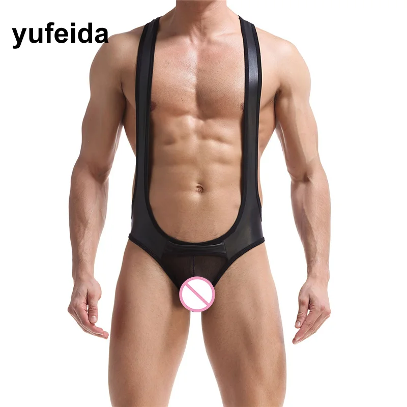 

Sexy Men Underwear PU Leather Suspender Bodysuit Overall Leotard Jumpsuits Thongs Briefs Hollow Out Undershirt Costume Nightwear