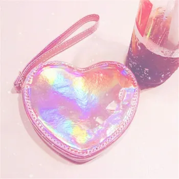

Fashion Women Heart Shaped Coin Purse Wallet Laser PU Small Zipper Clutch Money Purse Mini Handbag Card Holders Bag Pouch