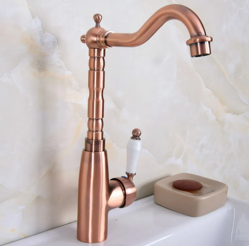 Antique Red Copper Brass Single Ceramic Handle Bathroom Kitchen Basin Sink Faucet Mixer Tap Swivel Spout Deck Mounted mnf637