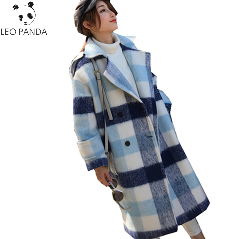 

Autumn Winter Women New Epaulet Pockets V-Neck Double Breasted Drop Shoulder Wool Coat Female Loose Plaid Tweed Coat ZX1202