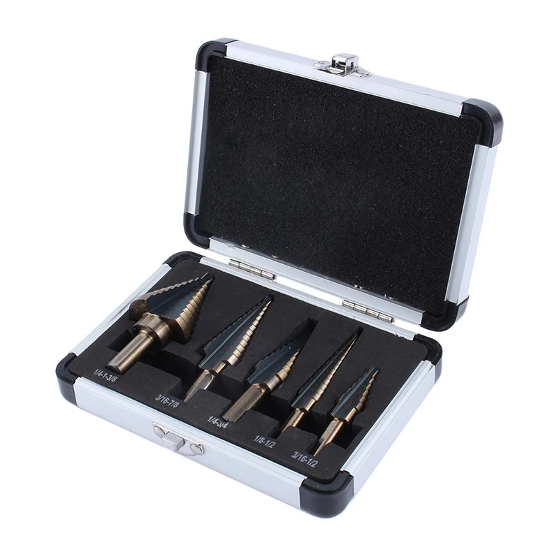 

High Quality 5pcs/Set HSS COBALT MULTIPLE HOLE 50 Sizes STEP DRILL BIT SET w Aluminum Case