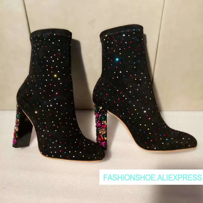 

2018 Hot Autumn Winter Shoes Woman Bling Crystal Square High Heels Boots Kid Suede Mid-Calf Boots Design Mujer Runway Boots