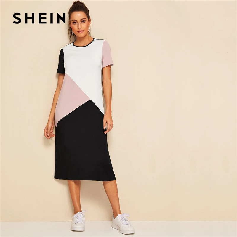 

SHEIN Casual Multicolor Cut-and-Sew Tunic Summer Long Dress Women 2019 O-Neck Short Sleeve Shift Straight Color-block Dresses