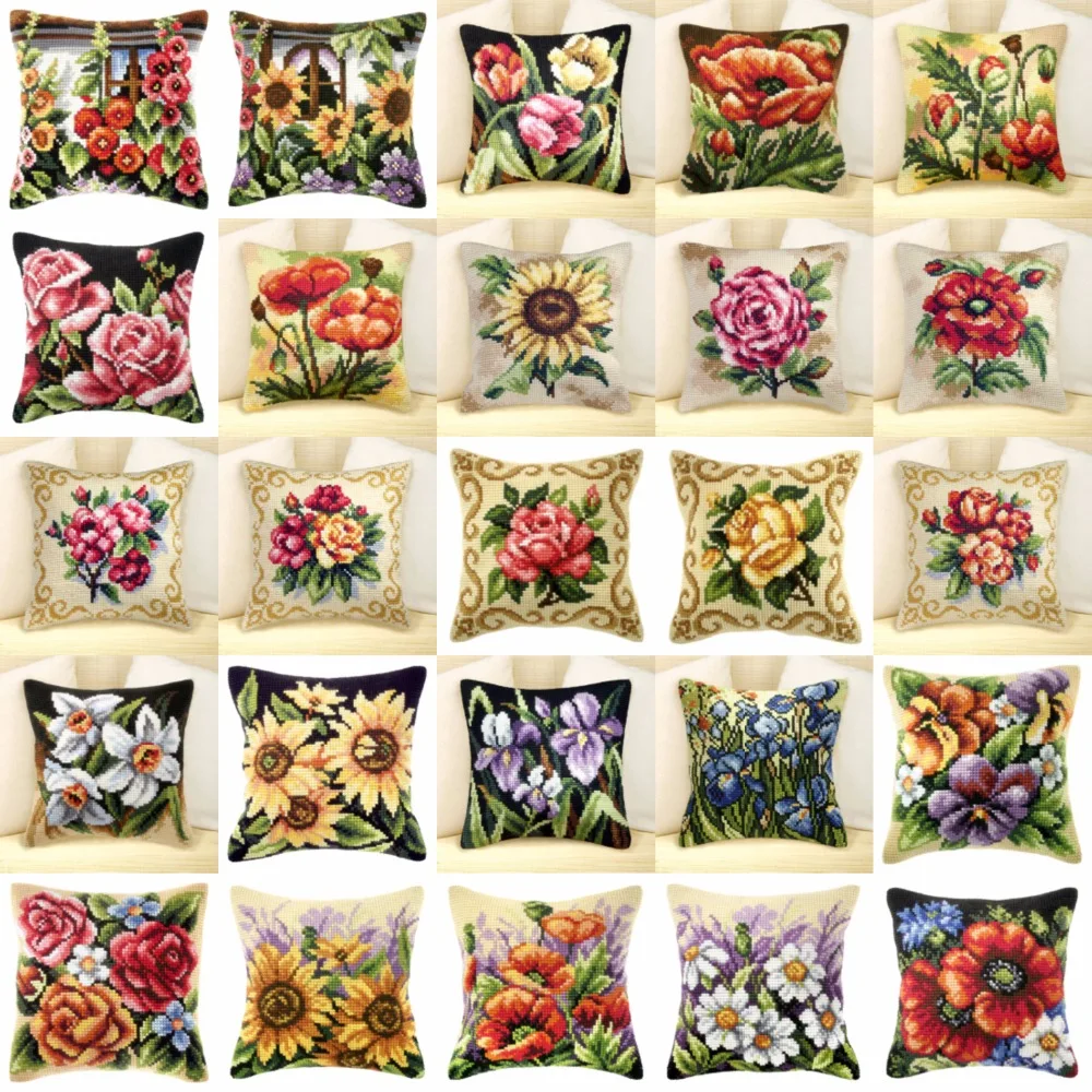 1flowers 04 NEW DIY Needlework Kit Acrylic Yarn Embroidery Pillow Tapestry Canvas Cushion Front Cross Stitch Pillowcase- | Дом и сад