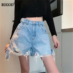 RUGOD/2019 корейские летние женские шорты с завышенной талией, однотонные джинсовые шорты с бахромой и дырками на молнии, Модные женские