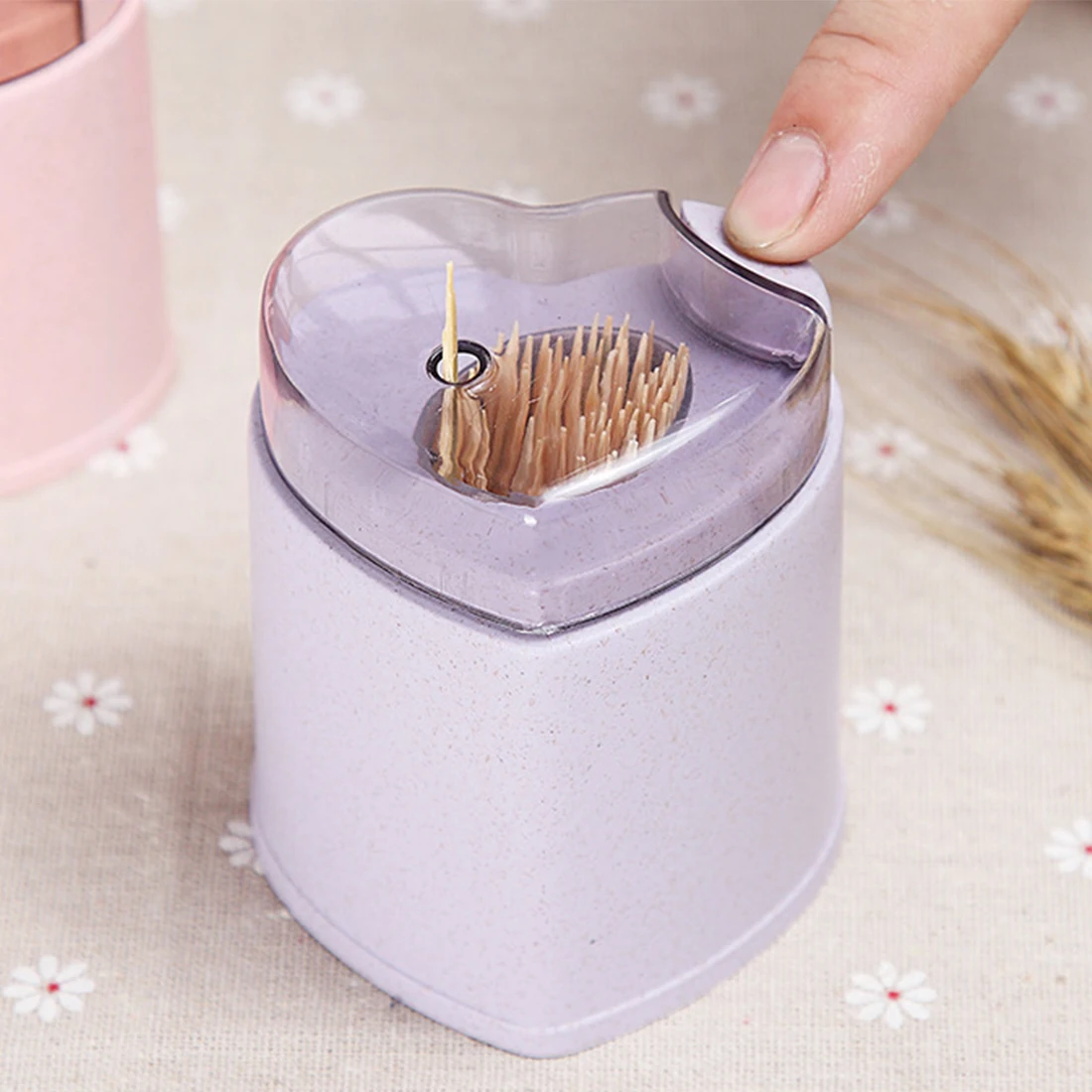 

Useful Toothpick Holders Wheat Straw Portable Hand Press Household Table Toothpick Storage Box 1pc
