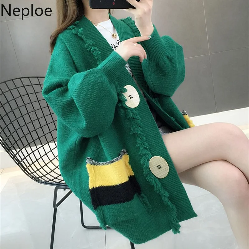 

Neploe Koran Solid Knitted Open Stitch Fashion V Neck Lantern Sleeve Wild Mujer Invierno Loose Patchwork Thick Cardigans 45584
