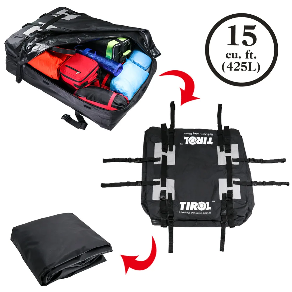 For Vehicles With Roof Rails 15 Cubic Feet TIROL Waterproof Roof Top Carrier Cargo Luggage Travel Bag