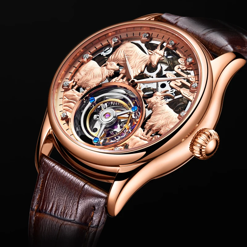 

Tourbillon Mechanische mannen Top Merk Spiegel Originele Handleiding Winding Hollow Beweging Schapen Wijzerplaat Horloge Saat