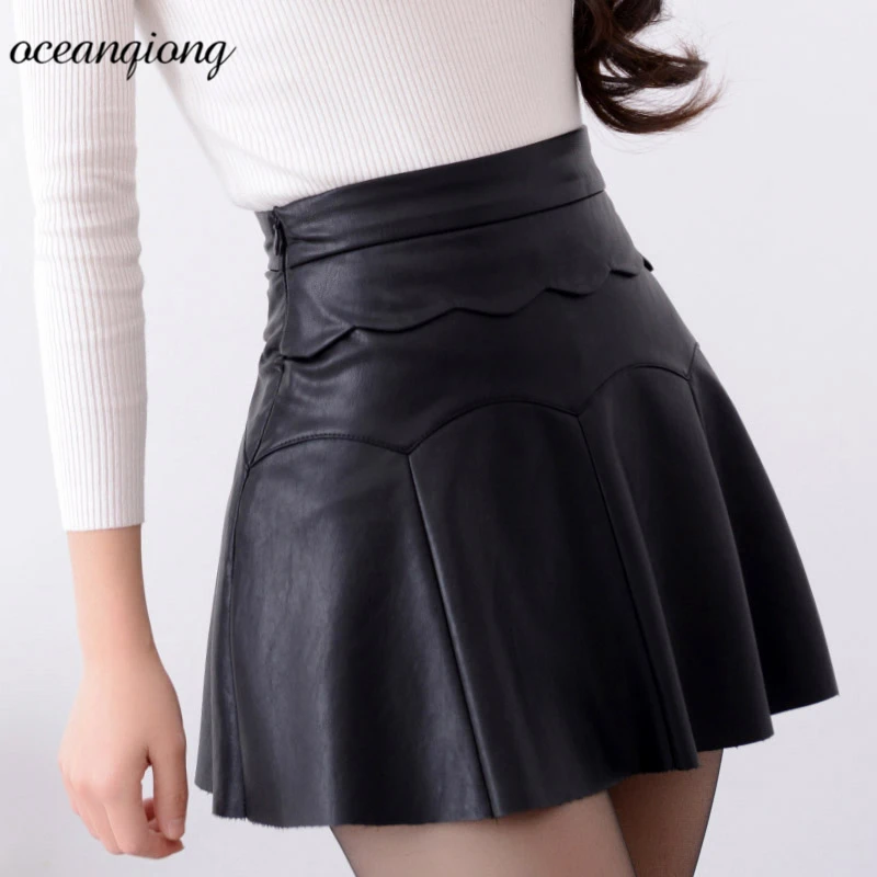 

Women Skirt Leather 2018 Winter High Waist Pleated Skater Skirt A Line Red Black Sexy Lady Short Mini Skirts Womens Female