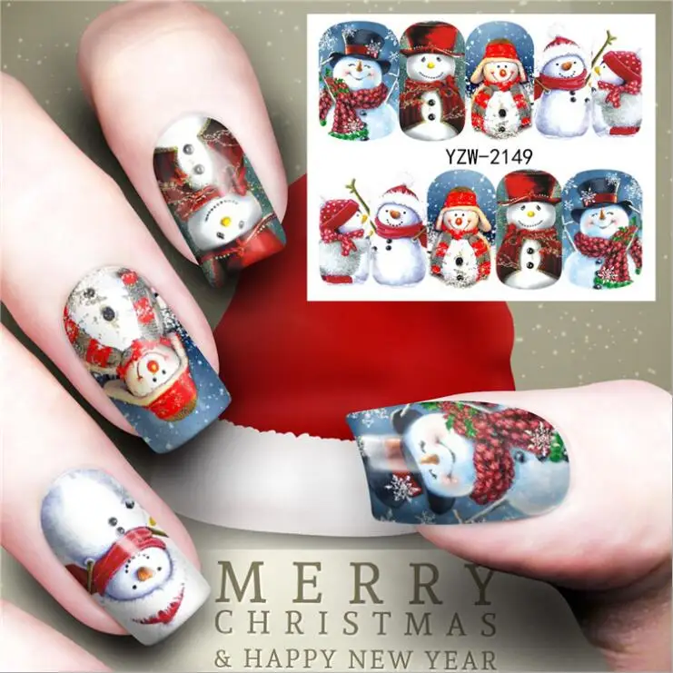 

2 Pcs New Colorful Mixed Christmas Snowman Snowflakes Design Nail Sticker Water Transfer Girl Xmas Decor Nail Stickers