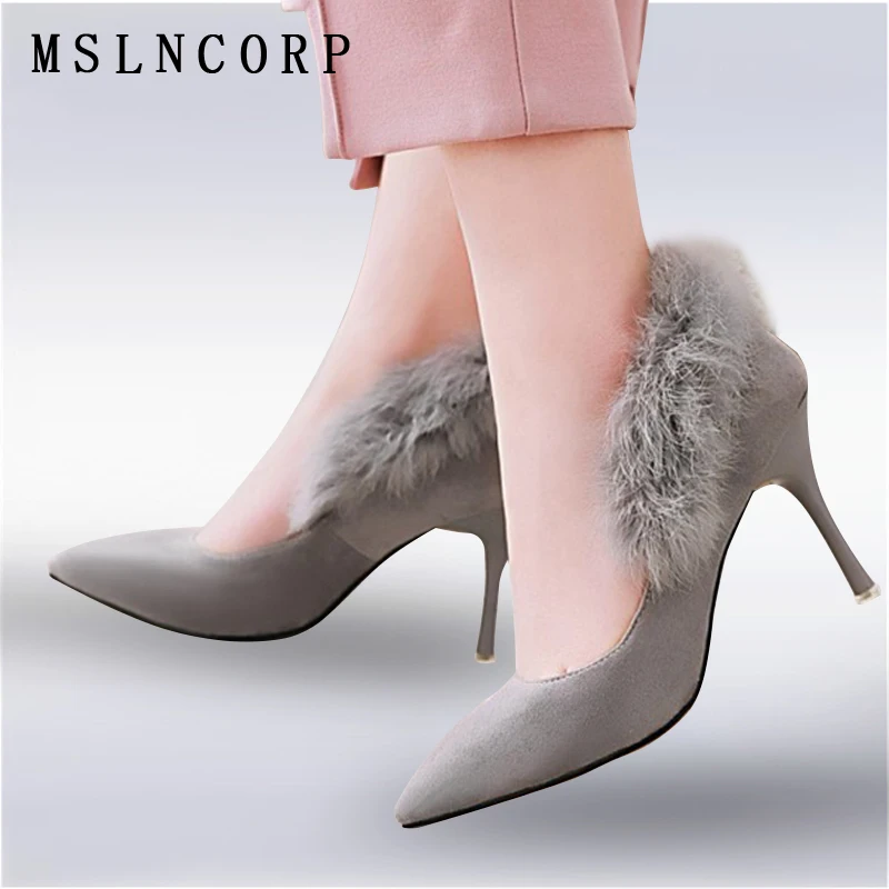 

Size 34-46 Fashion Thin High Heels Rabbit Fur Party Women Pumps Pointed Toe Slip on Nightclub Office Shallow Mouth Sexy Shoes