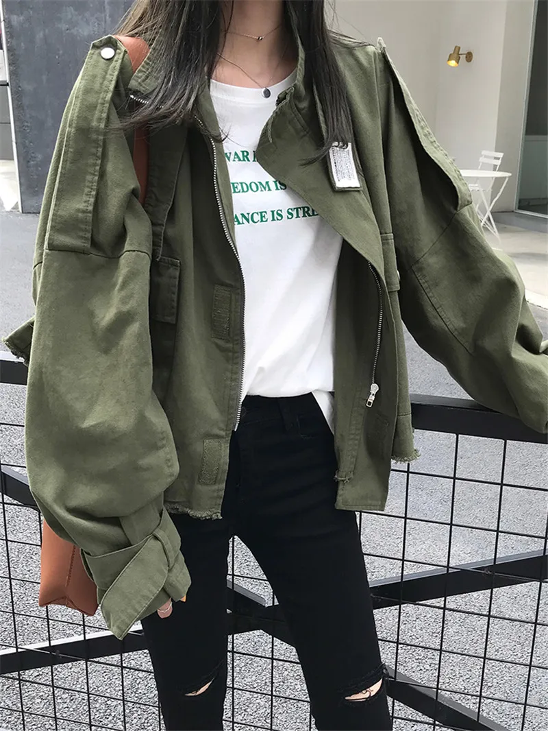 

2018 New Fashion Women Jacket Long Sleeve Army Green Coats Short Outerwear Streetwear Autumn Casual Loose Retro Jackets Cardigan