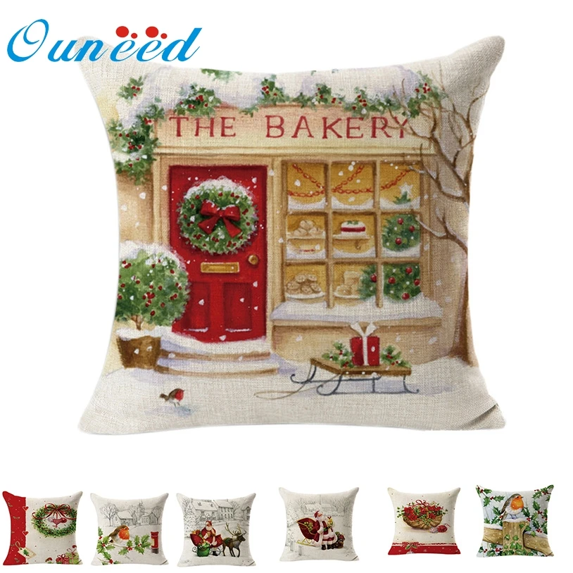 

Ouneed Christmas Linen Square Throw Flax Pillow Case Decorative Cushion Pillow Cover U6905