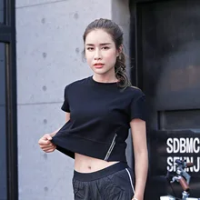 Спортивные woment-рубашка Сплошной быстросохнущие молнии Тонкий Йога работает хлопка рубашка с короткими рукавами Женский