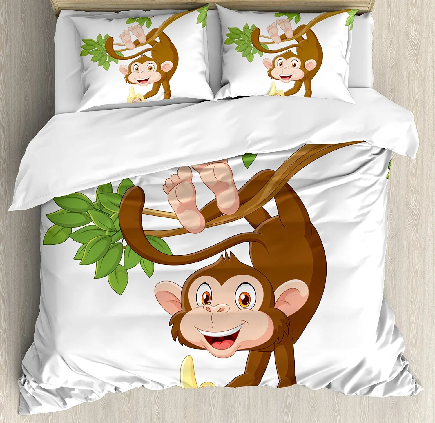 Cartoon Duvet Cover Set Funny Monkey Hanging From Tree With Banana