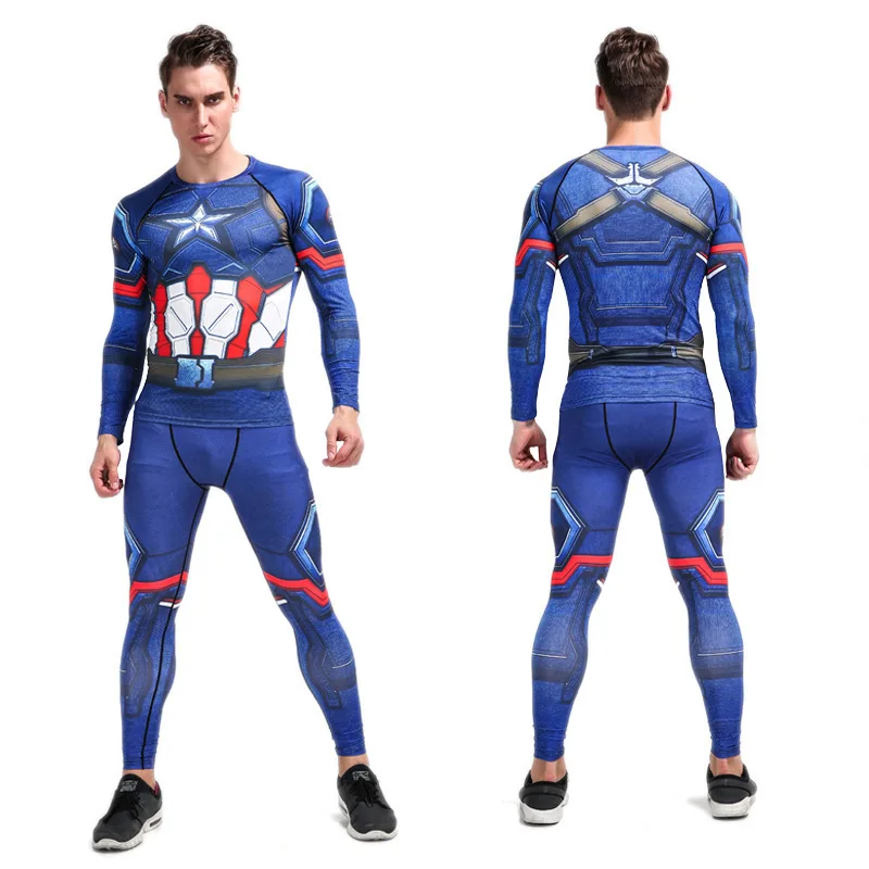 

YANQIN Compression Quick Dry Tight Tracksuit Men Training Fitness Captain America 3D Printed O-Neck Gym Running Sport Suit