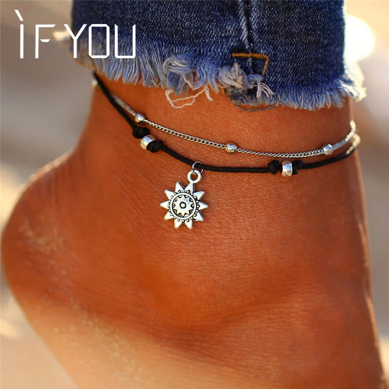 

IF YOU Sun Flower Animal Pendant Vintage Anklet Multilayer Pulseras Anklet For Women Girl Charm Chain Foot Fashion Jewelry