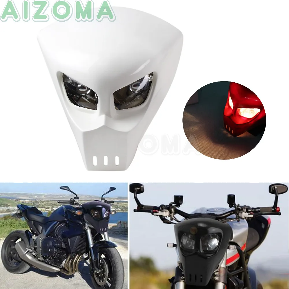 Белый двойной мотоцикл фара 12 в 25 Вт Чужеродная маска хищника налобный фонарь обтекатель универсальный для Kawasaki Yamaha SV1000S на заказ