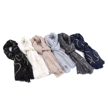 

Women Cotton Voile Foil Shawls Wrap Hjiab Muffler Women Scarves Fashion Chain Pattern Gold Foil Fringe Scarf