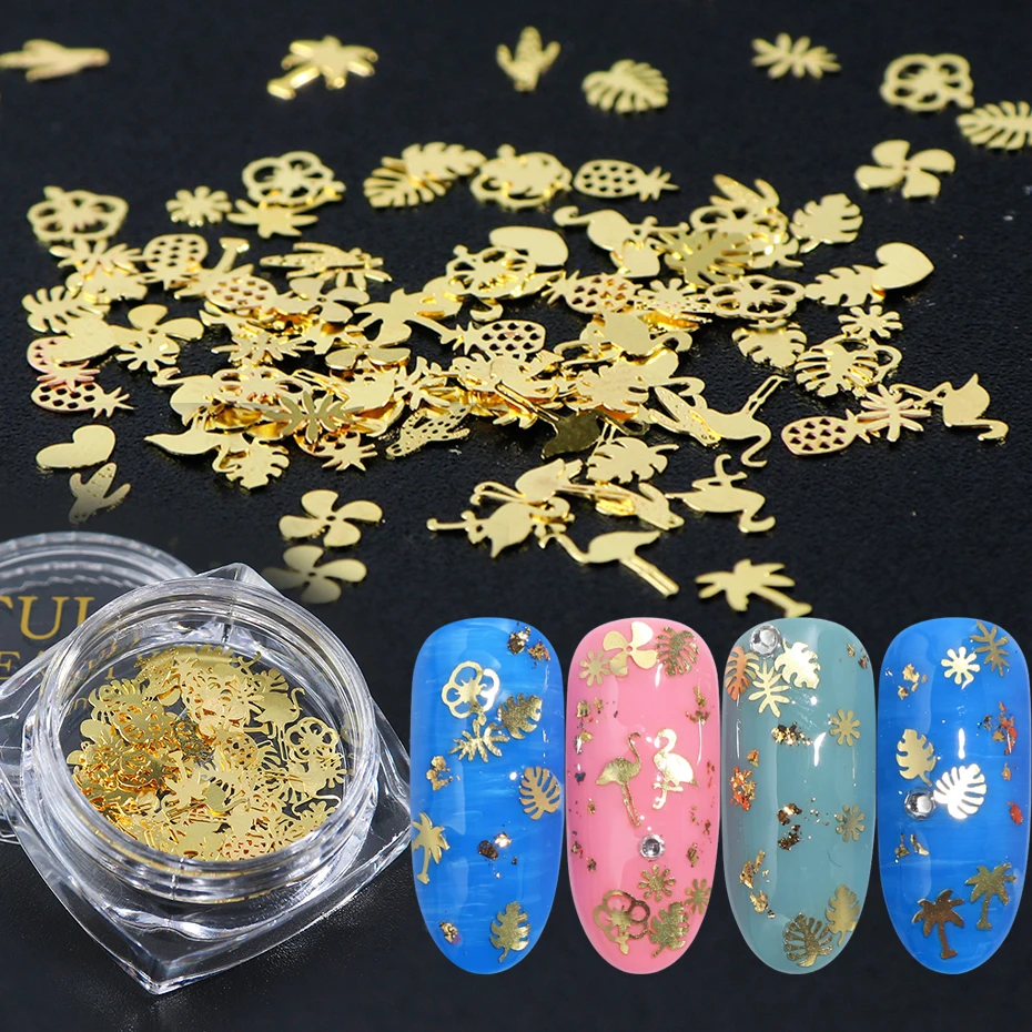 

120pcs/box 3D Nail Art Alloy Flakes Flamingos Leaf Sequins For Nails Gold Metallic Charm Paillete DIY Decor Accessories BE970-D