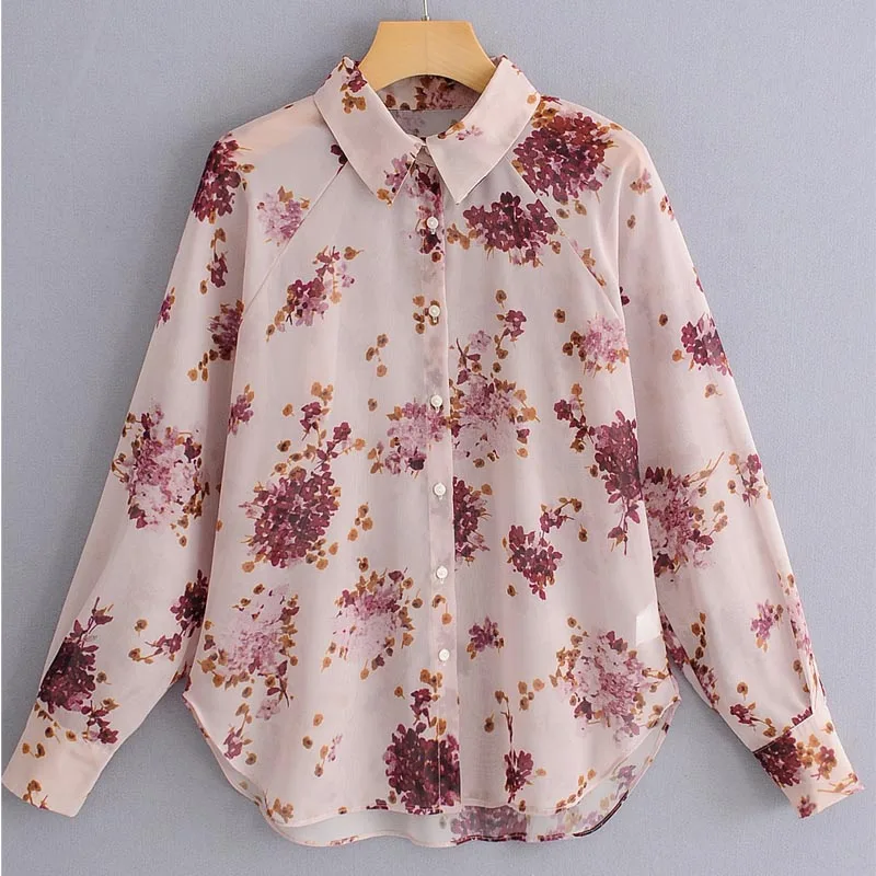 CS629 Women Sweet Pink Floral Print Long Sleeve Blouse Ladies Chic