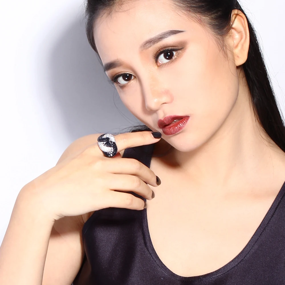 Amazing Black 2 tone finger ring micro pave jet and clear CZ jewelry high quality Zirconia Rings