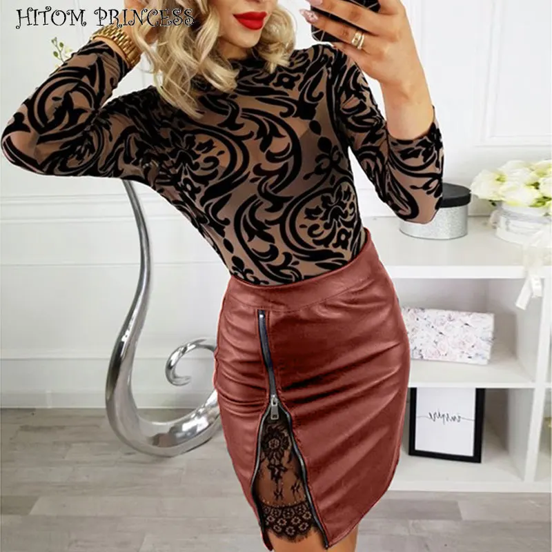 HITOM PRINCESS Women PU Leather Pencil Skirts Zipper Sexy High Waist Skirt Female Split Bodycon Short Mini Skirts Saias