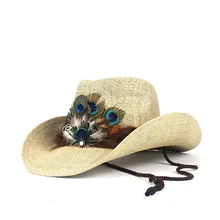 С принтом «павлиньи перья»; полые западная ковбойская шляпа для лета женская соломянная сомбреро Hombre пляж в ковбойском стиле джаз шляпа от солнца Размеры окружности головы 56-58 см