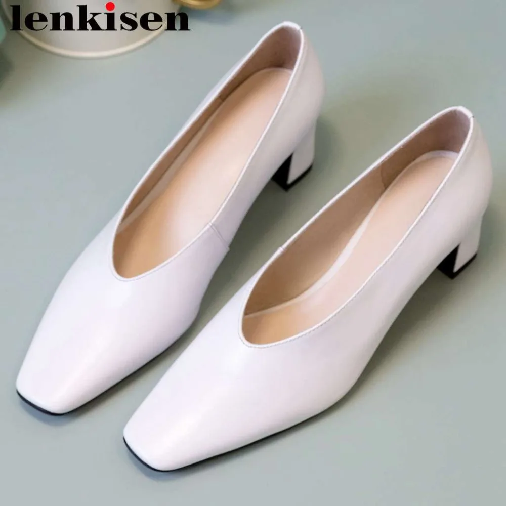 

Lenkisen genuine leather office lady slip on women pumps large size classic square toe med heels original designer shoes L43