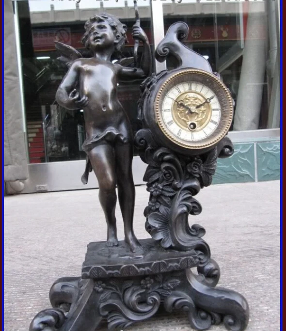 

free Western Art superb angel Cupid's bow BRONZE CLOCK STATUE on Base fast