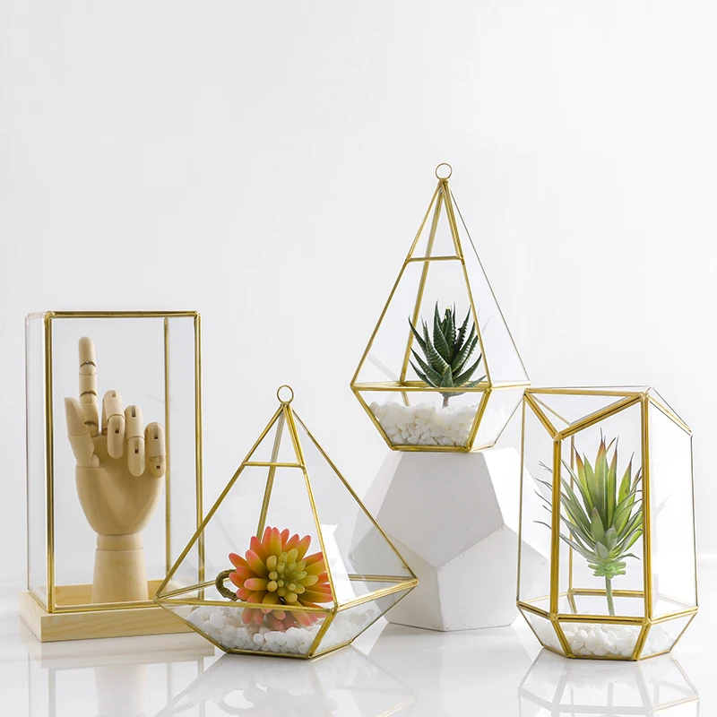 

Succulent Plant Geometric Glass Box Gold Pyramid Shape Jewelry Box Wedding Engagement Ring Holder Planter Hanging Plant Pots