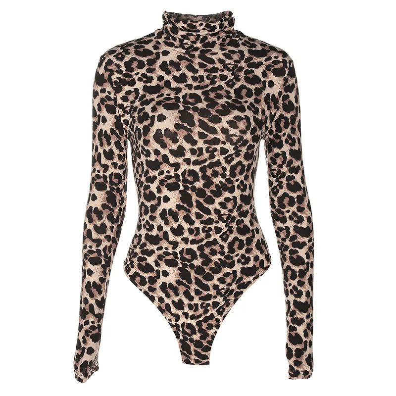 Focal20 Sexy Leopard Bodysuit Women Bodycon Turtleneck Bodysuits Long ...