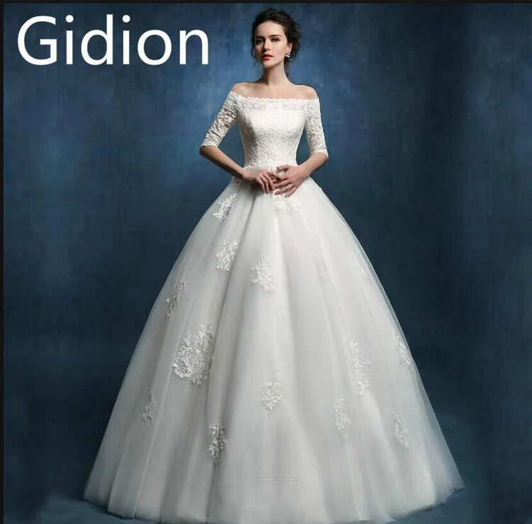 

Free shipping ball gown white lace princess puffy wedding dress sexy off the shoulder half sleeve fashion bride dress hot sale