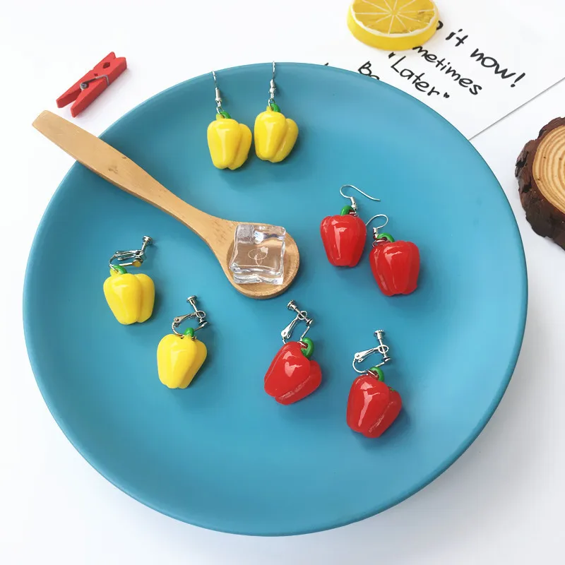 

2019 New Creative Hand-made Funny Personality Food Fun Red Pepper Earrings Ear Clips Fit for Women Jewelry Gifts Wholesale